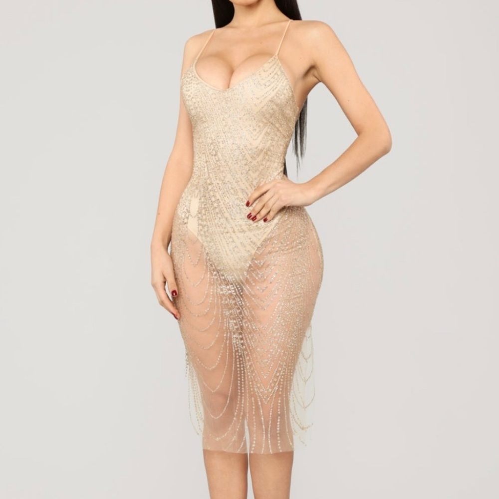 NWT Fashion Nova Gold shimmer bodysuit dress